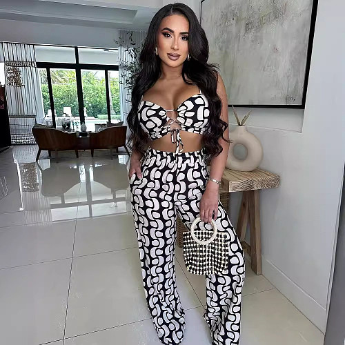 Casual Prints Hollow-out Crop Top With Wide-leg Pants Sexy 2 Pieces Sets NY-10832