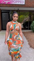 Stylish Prints Women Sleeveless Ruffles Sexy Long Skirts 2 Pieces Sets NY-10820