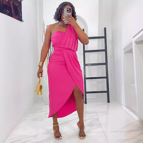 Women Sexy Oblique Shoulder Solid Color Pleated Split Maxi Dress NY-10828