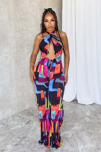 Sexy Printed Women Backless Halter Strech Slim Long Jumpsuit NY-10823