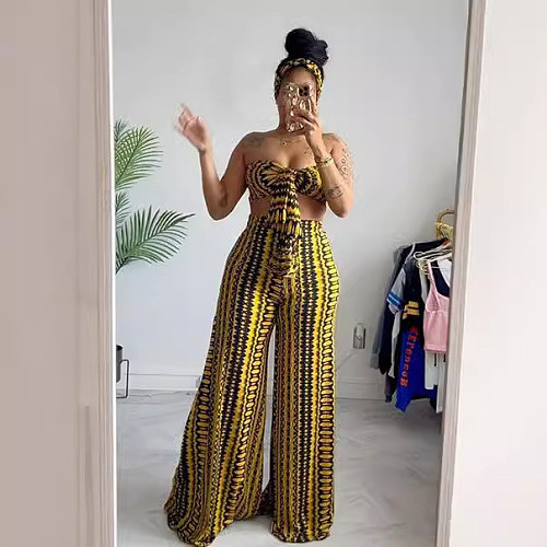 Hot Sexy Strapless Crop Top And Wide-leg Long Pants Women 2 Pieces Sets NY-10837