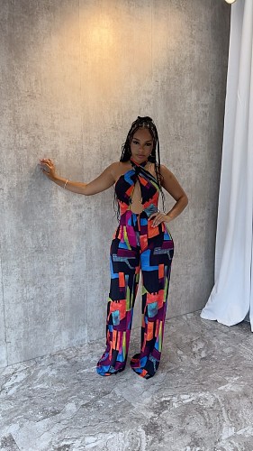 Sexy Printed Women Backless Halter Strech Slim Long Jumpsuit NY-10823