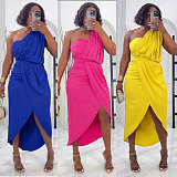 Women Sexy Oblique Shoulder Solid Color Pleated Split Maxi Dress NY-10828