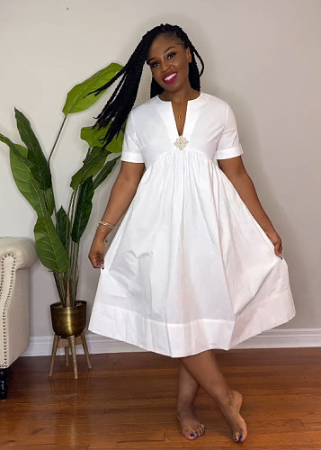 White Casual Women Short Sleeves V-neck Loose Long Dress NY-10856