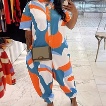 Stylish Prints Women Turndown Collar Loose Irregular Jumpsuit SFY-063