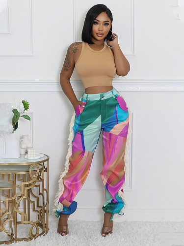 Fashion Printed Women Tassel Patchwork Wide-leg Pants SFY-494