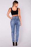 Women Dark Blue Broken-holes Slim Pencil Jeans LX-5537