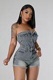 Sexy Strapless Hollow-out Buttons Denim Women Rompers LX-6984