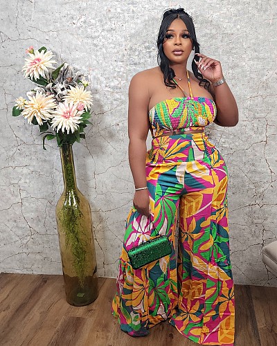 Sexy Strapless Crop Top And Wide-leg Pants Women Print Two Pieces Sets NY-10810