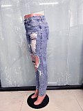 Women Dark Blue Broken-holes Slim Pencil Jeans LX-5537