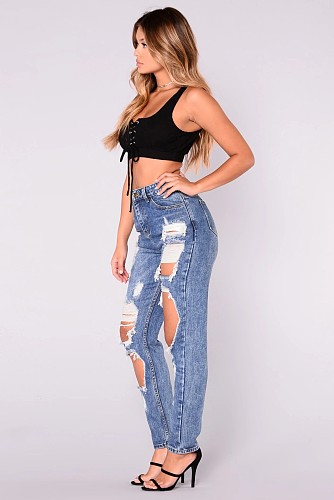 Women Dark Blue Broken-holes Slim Pencil Jeans LX-5537