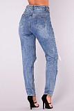 Women Dark Blue Broken-holes Slim Pencil Jeans LX-5537
