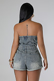 Sexy Strapless Hollow-out Buttons Denim Women Rompers LX-6984