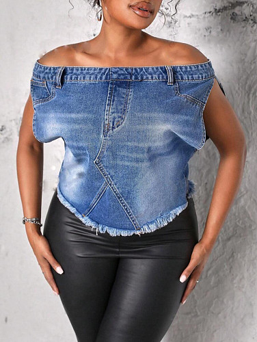 Women Slim Off Shoulder Denim Vest Tops LX-6020