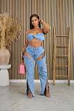 Sexy Strapless Crop Top And Hollow-out Split Jeans Denim Two Pieces Sets NIYA-8175