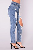 Women Dark Blue Broken-holes Slim Pencil Jeans LX-5537