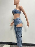 Sexy Strapless Crop Top And Hollow-out Split Jeans Denim Two Pieces Sets NIYA-8175
