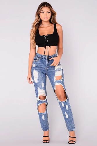 Women Dark Blue Broken-holes Slim Pencil Jeans LX-5537
