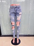 Women Dark Blue Broken-holes Slim Pencil Jeans LX-5537