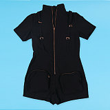 Casual Girls Short Sleeves Zipper Pockets Solid Color Romper NY-3212