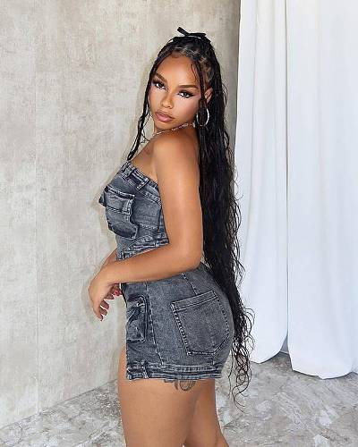 Sexy Strapless Pockets Crop Top And Split Shorts Denim 2 Pieces Sets MEM-88587