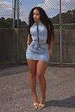Sexy Backless Halerneck Zipper Crop Vest And Mini Skirt Denim 2 Pieces Sets MEM-88583