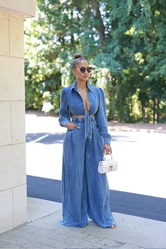 Women Lapel Long Sleeves Crop Top And Wide-leg Long Pants Denim Sets TR-1314
