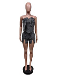 Sexy Strapless Pockets Crop Top And Split Shorts Denim 2 Pieces Sets MEM-88587