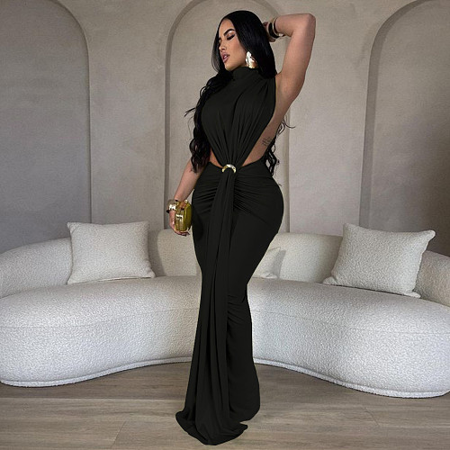 Sexy Side Split Solid Color High Neck Sleeveless Long Party Dresses YF-10772
