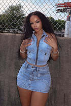 Sexy Backless Halerneck Zipper Crop Vest And Mini Skirt Denim 2 Pieces Sets MEM-88583