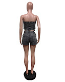 Sexy Strapless Pockets Crop Top And Split Shorts Denim 2 Pieces Sets MEM-88587