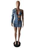 Sexy Hollow-out Single Sleeve Package Hips Denim Mini Dress MEM-88588