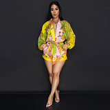 Fashion Prints Women Long Sleeves Turndown Collar Pockets Romper YF-10779