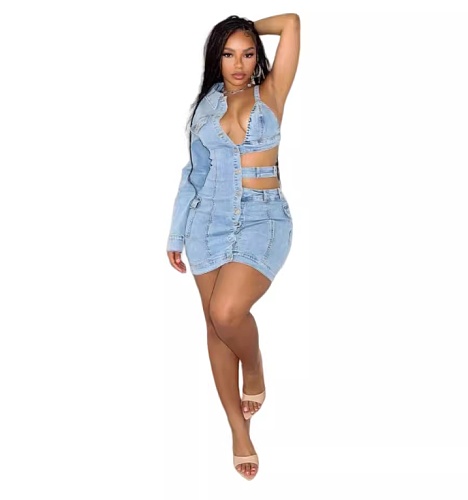 Sexy Hollow-out Single Sleeve Package Hips Denim Mini Dress MEM-88588
