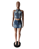 Sexy Backless Halerneck Zipper Crop Vest And Mini Skirt Denim 2 Pieces Sets MEM-88583
