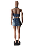Sexy Backless Halerneck Zipper Crop Vest And Mini Skirt Denim 2 Pieces Sets MEM-88583