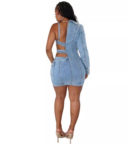 Sexy Hollow-out Single Sleeve Package Hips Denim Mini Dress MEM-88588
