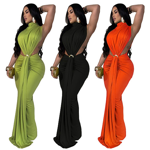 Sexy Side Split Solid Color High Neck Sleeveless Long Party Dresses YF-10772