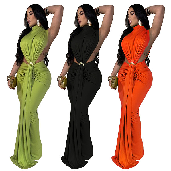 Sexy Side Split Solid Color High Neck Sleeveless Long Party Dresses YF-10772