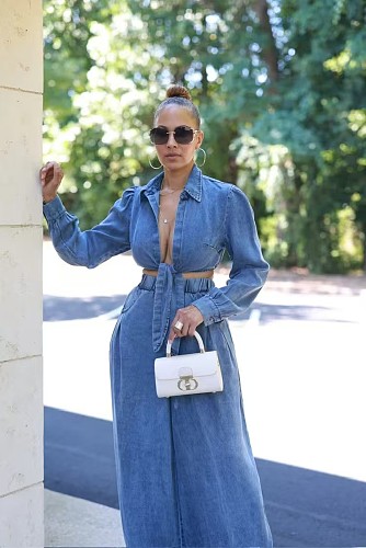 Women Lapel Long Sleeves Crop Top And Wide-leg Long Pants Denim Sets TR-1314