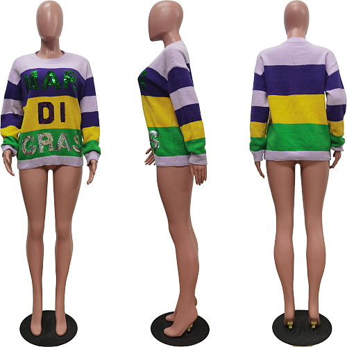 Fashion Color Matching Sequins Long Sleeves Knitted Sweater TR-1315