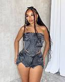 Sexy Strapless Pockets Crop Top And Split Shorts Denim 2 Pieces Sets MEM-88587