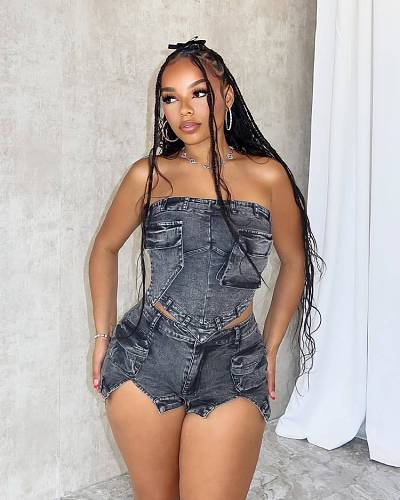 Sexy Strapless Pockets Crop Top And Split Shorts Denim 2 Pieces Sets MEM-88587