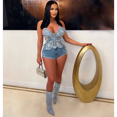 Sexy Women Hot Drilling Backless Irregular Denim Shorts 2 Pieces Sets CM-8680