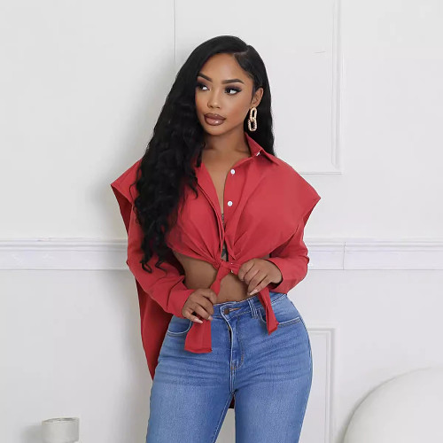 Sexy Casual Women Turndowns Collar Shows Waist Shirt Red BS-1371