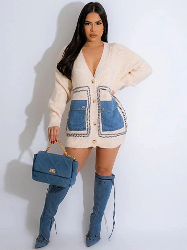 Fashion Women Patchwork Buttons Pockets Loose Sweater Cardigan OD-8707