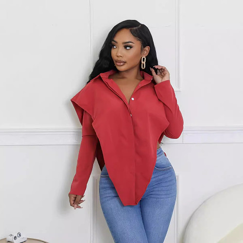 Sexy Casual Women Turndowns Collar Shows Waist Shirt Red BS-1371