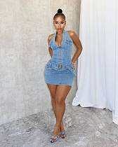 Sexy Backless Halter Women Strech Pockets Denim Mini Dresses MEM-88592