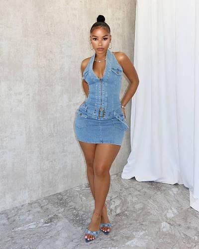 Sexy Backless Halter Women Strech Pockets Denim Mini Dresses MEM-88592