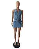 Sexy Backless Halter Women Strech Pockets Denim Mini Dresses MEM-88592
